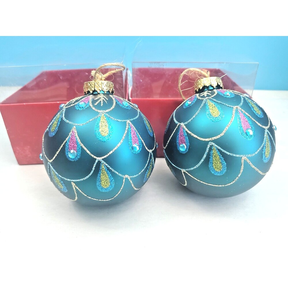 Home Accents Holiday 4 Inch Glass Ball Ornaments Teal Blue Peacock Glitter...